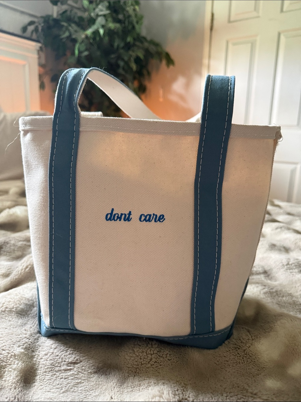 L.L. Bean Tall Small Cream Canvas Tote with Blue Trim (Long handles) - Picture 5 of 5